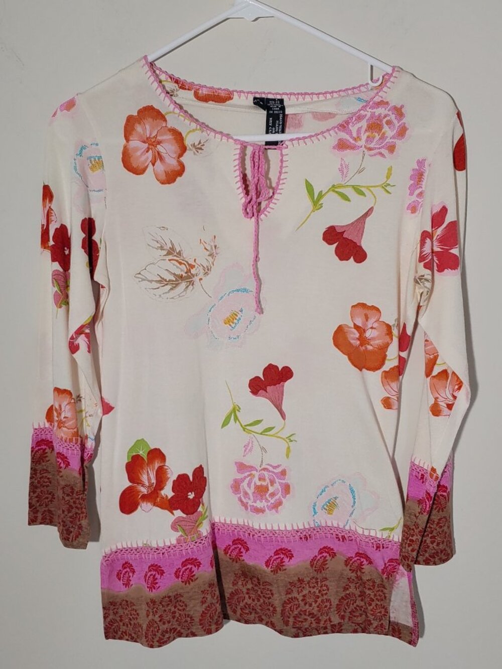 Lynn Ritchie Y2K Silk Blend Long Sleeve Crochet Detailing Floral Top Sz XS Cream